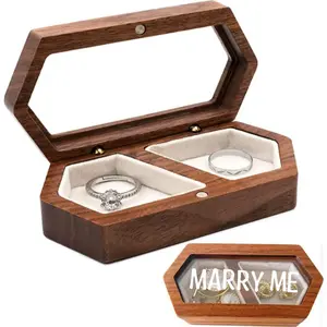 Wooden Dual Ring Box Jewelry Storage, DIY Decorative Wood Ring Holder, Proposal Engagement Wedding Gift, Romantic Women's Present