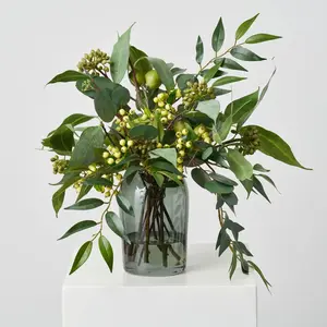 Lifelike Seed Pod Needle Leaf & Silver Dollar Eucalyptus, Smilax & Pepperberry Everyday Greenery Water Illusion Arrangement in Smoke Glass Vase