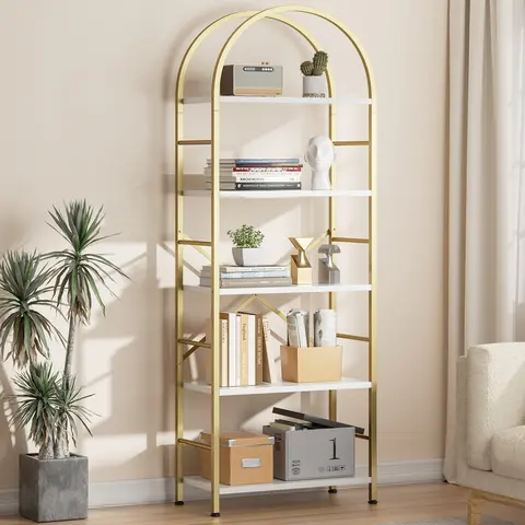 Walsunny 5-Tier Open Bookshelf 67" Wood Storage Shelves with Metal Frame Freestanding Display Rack Rustic Brown Golden Multi-Functional for Home Office Living Room