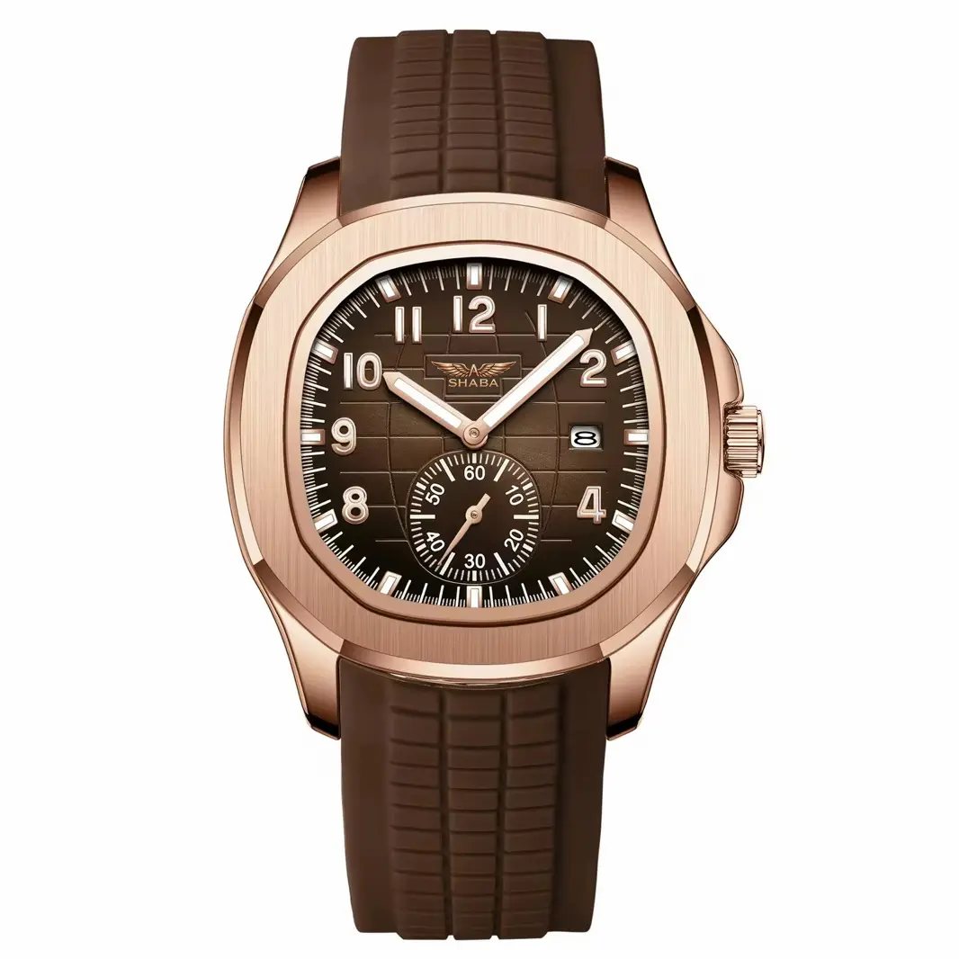 Shaba Men's Analog Fashion Watch - 46mm Rectangular Face, Rose Gold Case, Brown Strap, Calendar Function