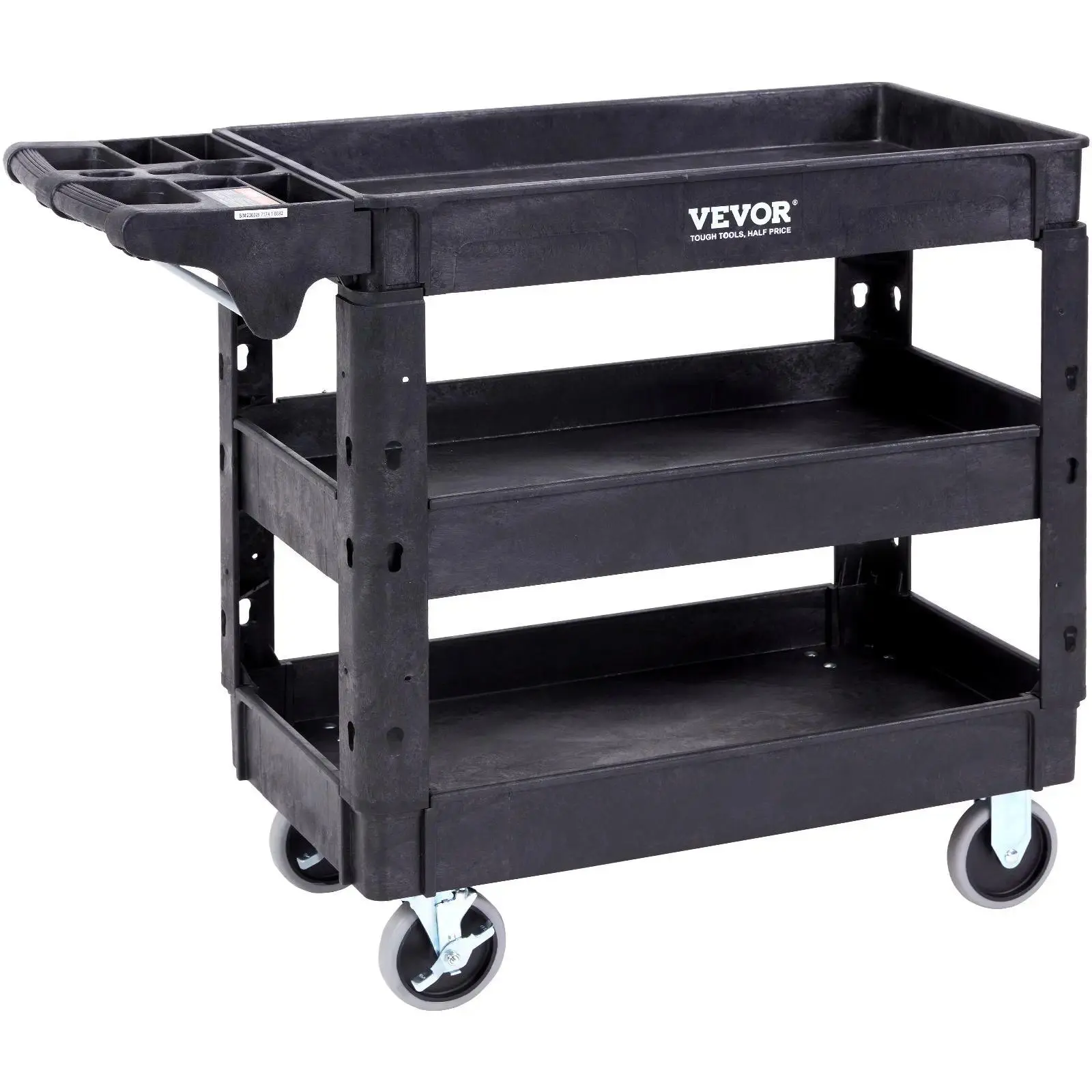 VEVOR Heavy-Duty Plastic Utility Cart Organizer, 3-Shelf Rotatable Rolling Rack with 550LBS Capacity, 360° Swivel Wheels (2 with Brakes), Medium Lipped Shelves, Ergonomic Handle for Warehouse, Garage