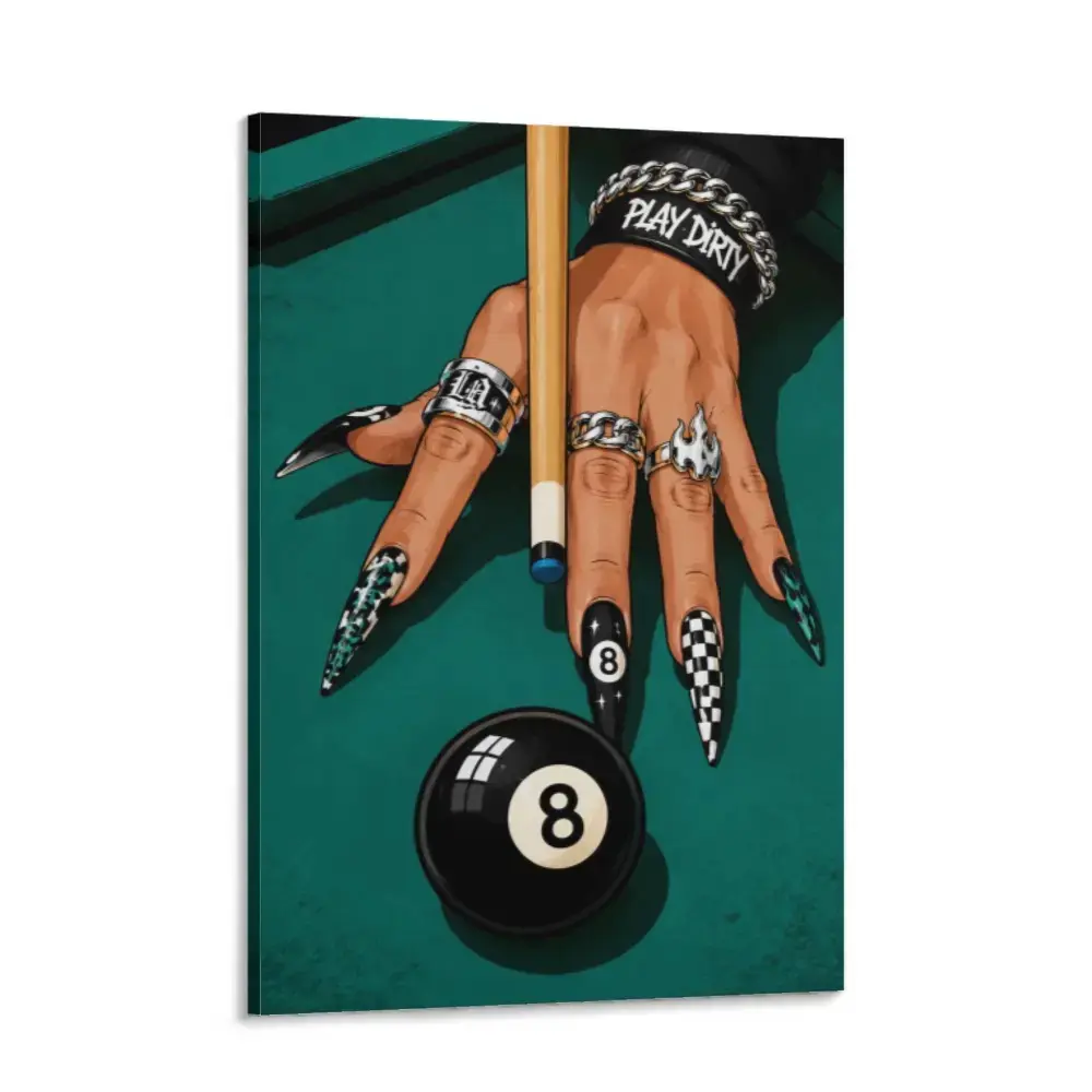Frame-Style 8 Ball Billiards Canvas Wall Art - Creative Design Print with Ring-Adorned Hand, Wall Decor Aesthetic, Pictures Decor for Game Room, Man Cave Gift