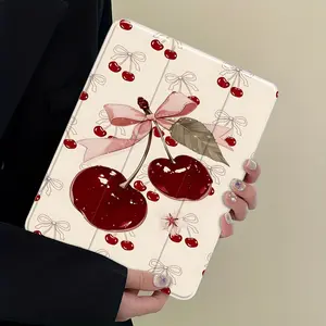 Vintage Cherry with Bow Tablet Case, Watercolor Aesthetic Protective Cover Auto Wake/sleep, Anti-Drop Scratch-Resistant, Transparent Acrylic Back, Fits iPad 7.9/8.3/10.2/10.5/10.9/11/12.9 inch, Shock-resistant Full Cover Protective Case Ideal for Office