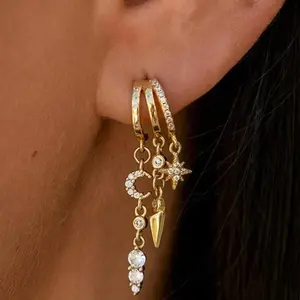 14K Gold Plated Earring for Women Trendy Triple Huggie Earrings Dainty Dangle Earring Small Hoops Statement Long Drop Chain Earrings Non Tarnish Jewelry,summervibes