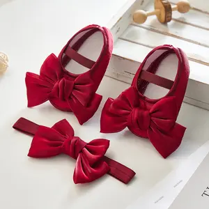 Baby Girl Satin Bow Mary Jane Shoes - Elegant Soft Sole Crib Shoes with Matching Headband, Multi-Color Dressy First Walker Shoes for Newborns & Infants