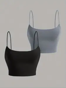 Women's Solid Color Crop Cami Top, Casual Sleeveless Cropped Top for Summer, Ladies Clothes for Daily Wear