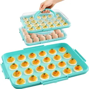 Deviled Egg Containers with Lid -  Platter 2 Pack 48 Count Storage Tray with Handle for Potlucks,  Parties, Party, Thanksgiving, Picnics, Refrigerator, Christmas, Easter, Brunches (Blue)