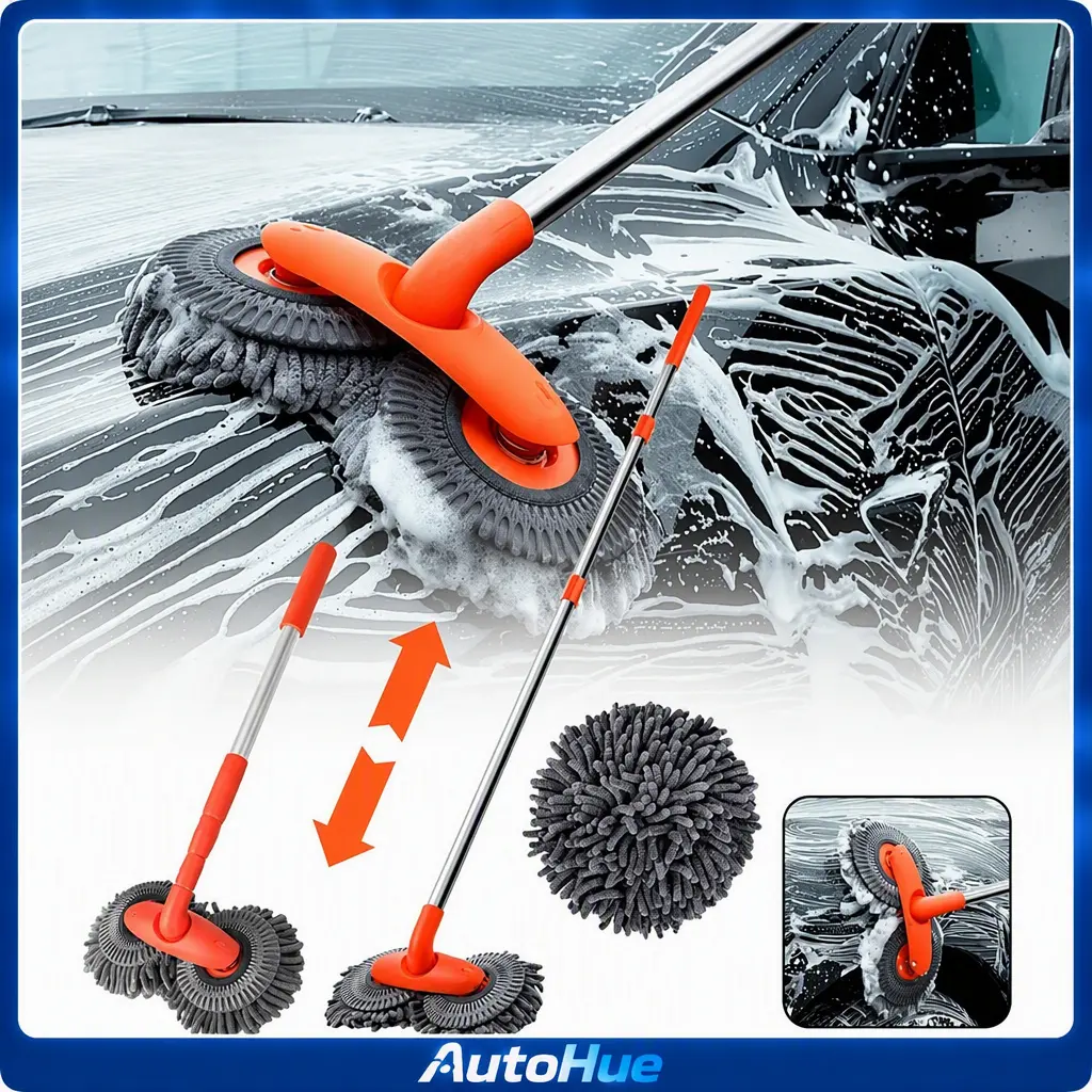 AutoHue 43'' Long Handle Car Wash Mop, Detail cleaning, 3X Fast Clean, Retractable Aluminum Alloy Pole, Soft