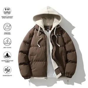Autumn And Winter Men'S Couple Warm Thick Cotton Coats Dopamine Fake Two-Piece Hooded Jackets Outdoor Warm Comfortable Cotton Clothing 2025 New Winter Tops Casual Fleece