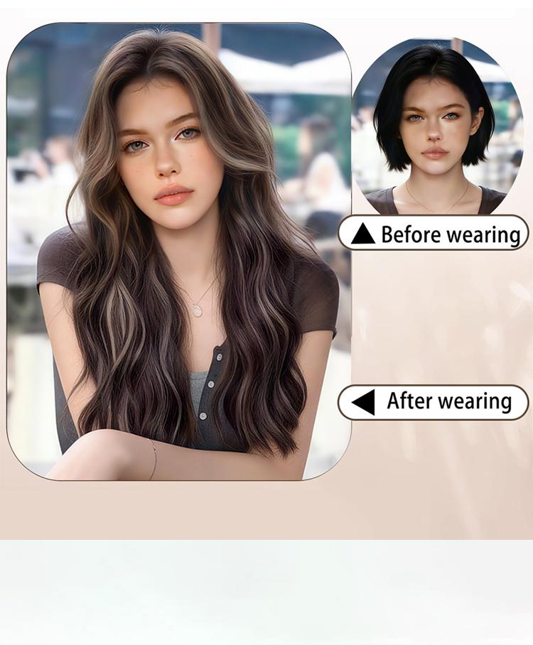 Lotfon Women's non-adhesive synthetic wig, Brown with white highlights big wave style, adjustable head circumference, comfortable fit, easy to wear, lightweight and breathable, instantly changes your style, suitable for daily wear and cosplay.