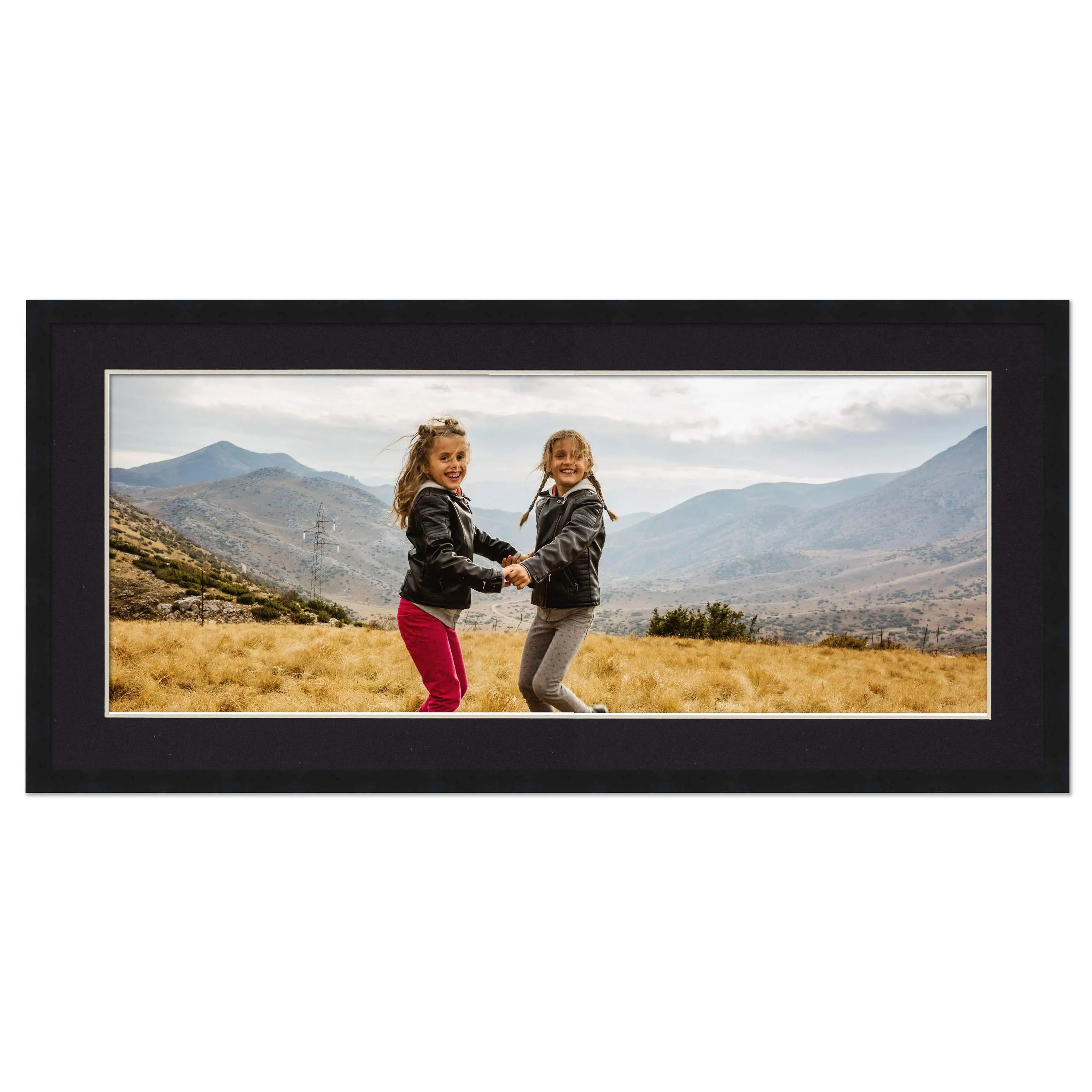 12x36 Frame with Mat - Black 16x40 Frame Wood Made to Display Print or Poster Measuring 12 x 36 Inches with Black Photo Mat