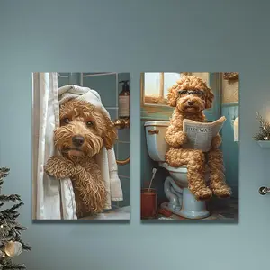 Funny Bathroom Canvas Wall Art  On Toilet Reading Newspaper Print Humor Animal Poster  Restroom Perfect   Lovers Unique Quirky Home Decor Ready To Hang Artwork Dog for