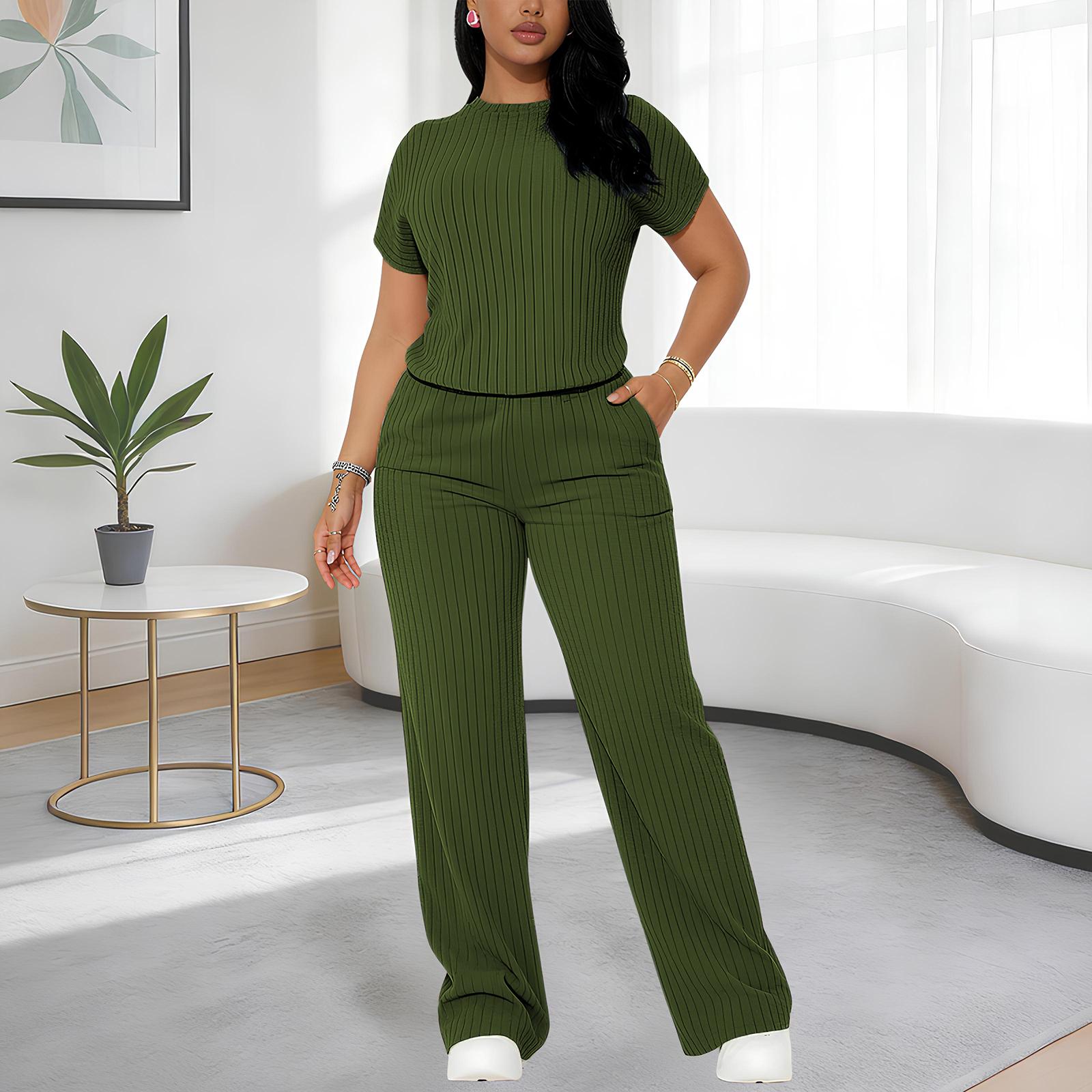 Women's Premium Ribbed Knit Co-ord Set for Spring & Summer – Short Sleeve Crew Neck Top & Straight Leg Trousers – Elegant Loungewear for Work from Home & Weekend Outings