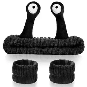 3pcs Snail Face Wash Headband and Wristband Set Black Funny Makeup Headband Puffy Skincare Spa Head Bands Cute Wrist Towels Hair Band for Washing Face Hair Wrap Teen Girl Gifts Trendy Stuff