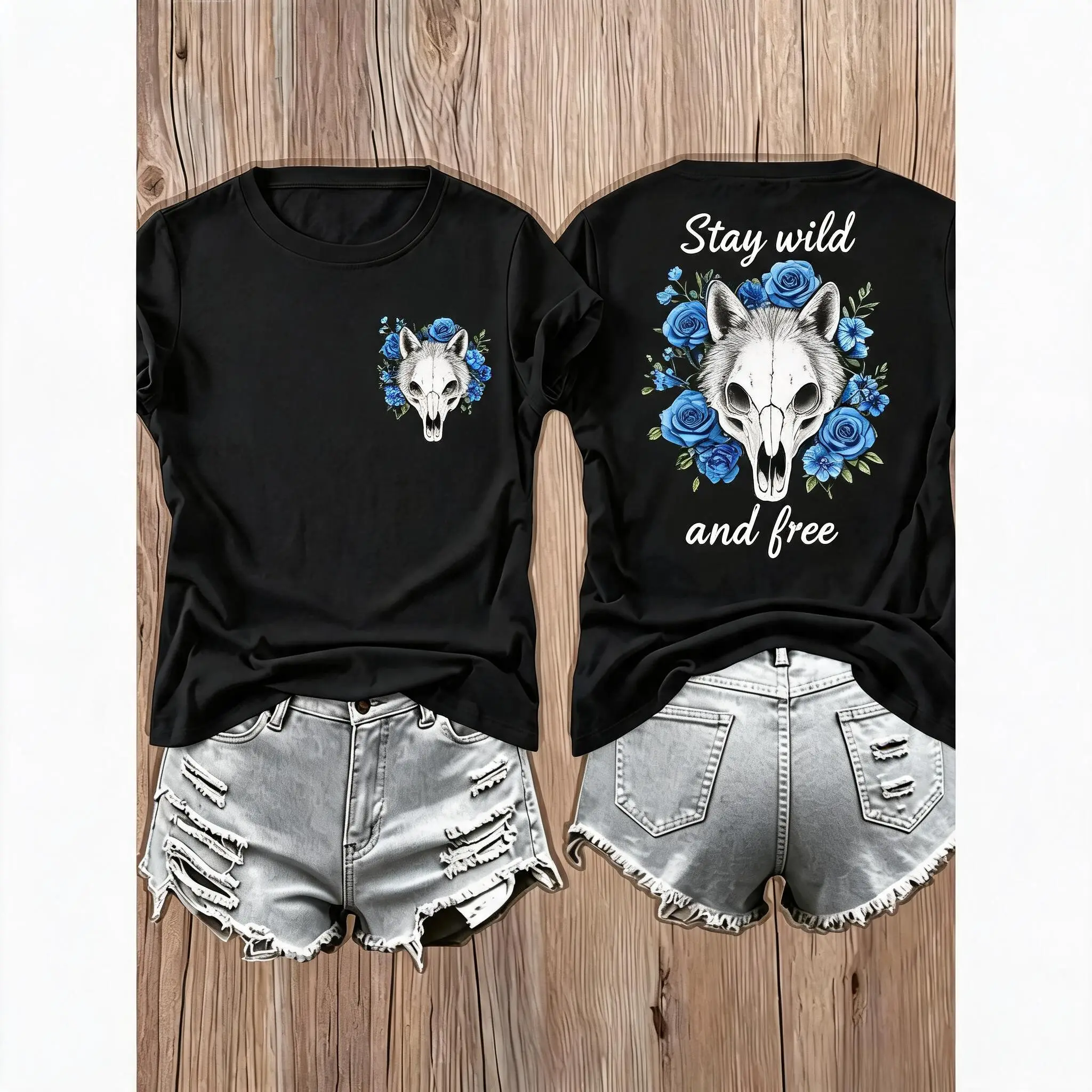 Stay Wild And Free Wolf Skull Blue Rose Double Sided Unisex T-Shirt, Vintage Floral Wolf Skull Graphic Tee, Casual Daily Wear, Outdoor, Holiday Gift, All Season Retro Style dark humor corny ringer funny sarcastic