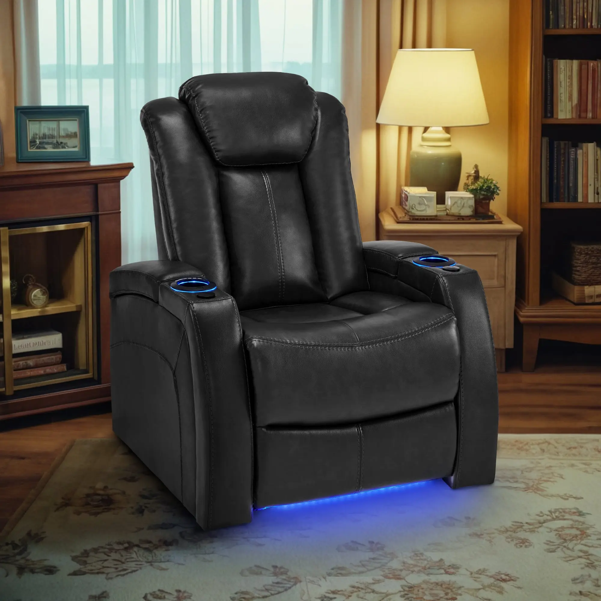 Adjustable Faux Leather Power Reclining Chair - Ergonomic Home Theater Seating Furniture with LED Light, Model HTS422