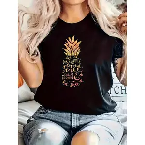 Women's Pineapple Graphic Print T-Shirt 100% Cotton Crew Neck Short Sleeve Casual Black Top for Spring Summer Fall
