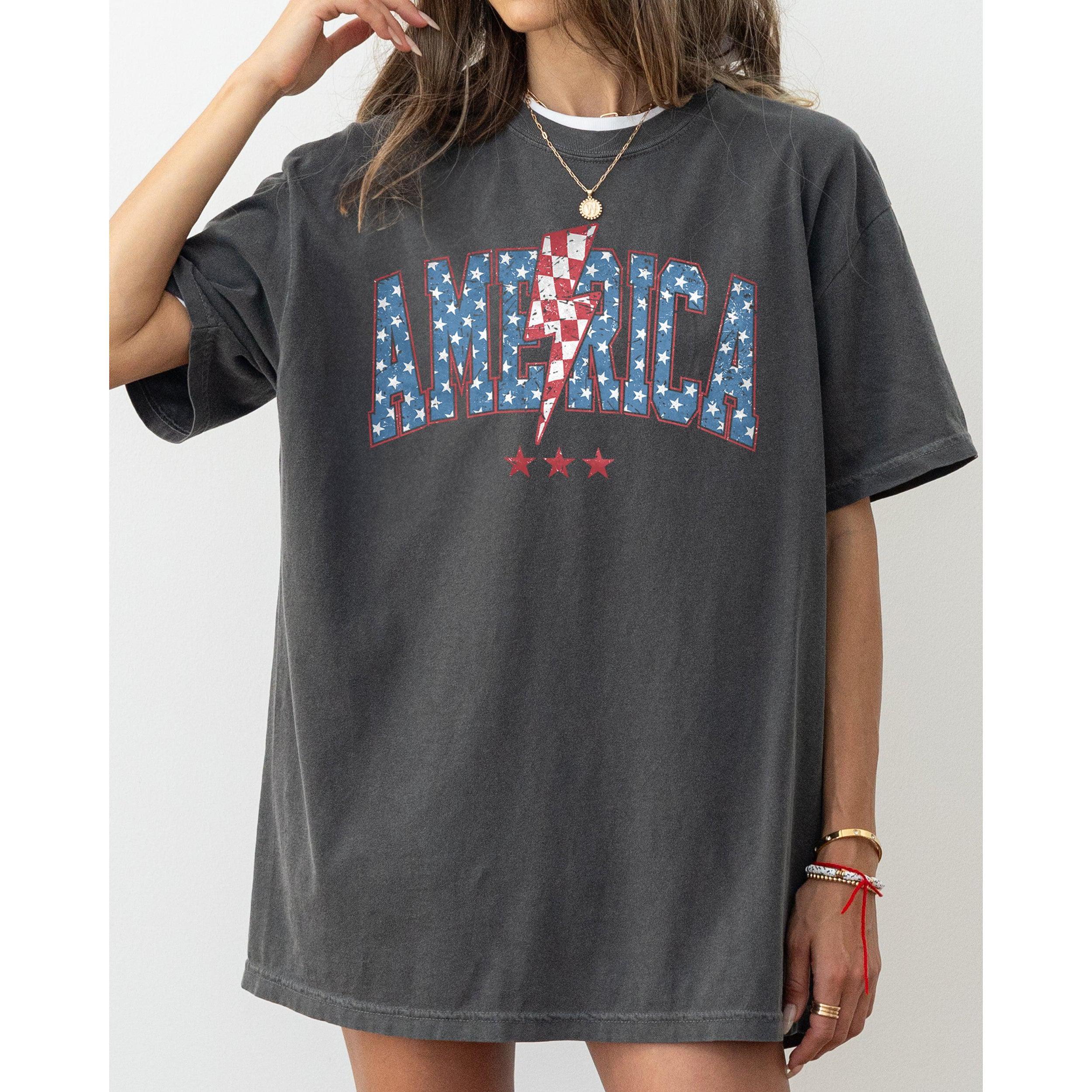 America, Retro, Lightening Bolt, USA, Patriotic, Independence Day, Fourth Of July, 4th Of July Tshirt, Women's, Comfort Colors Tee, Patriotic, Independence Day, Fourth of July, 4th of July, America, USA Cotton Top