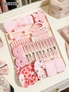 34 Piece Sweet and Cute Light Pink Lady's Daily Dress-up Hair Styling Curling Rod Hair Clip, Multi-functional Women's Hair Band Hair Accessories Set, Soft Coral Fleece Stretch Bow Hair Band Wrist Band, Hair Curler Set