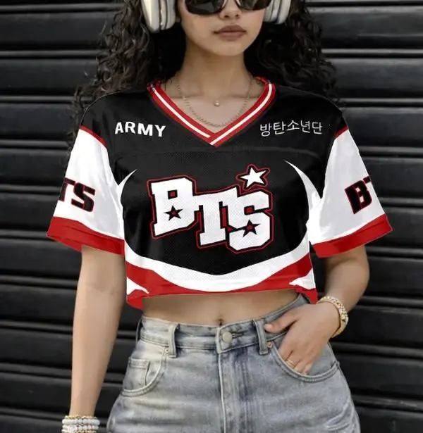 Kpop Crop Top Jersey, Bangtan Style Custom Name Shirt, AR-MY Football Jersey, Korean Streetwear Fan Gift for Women