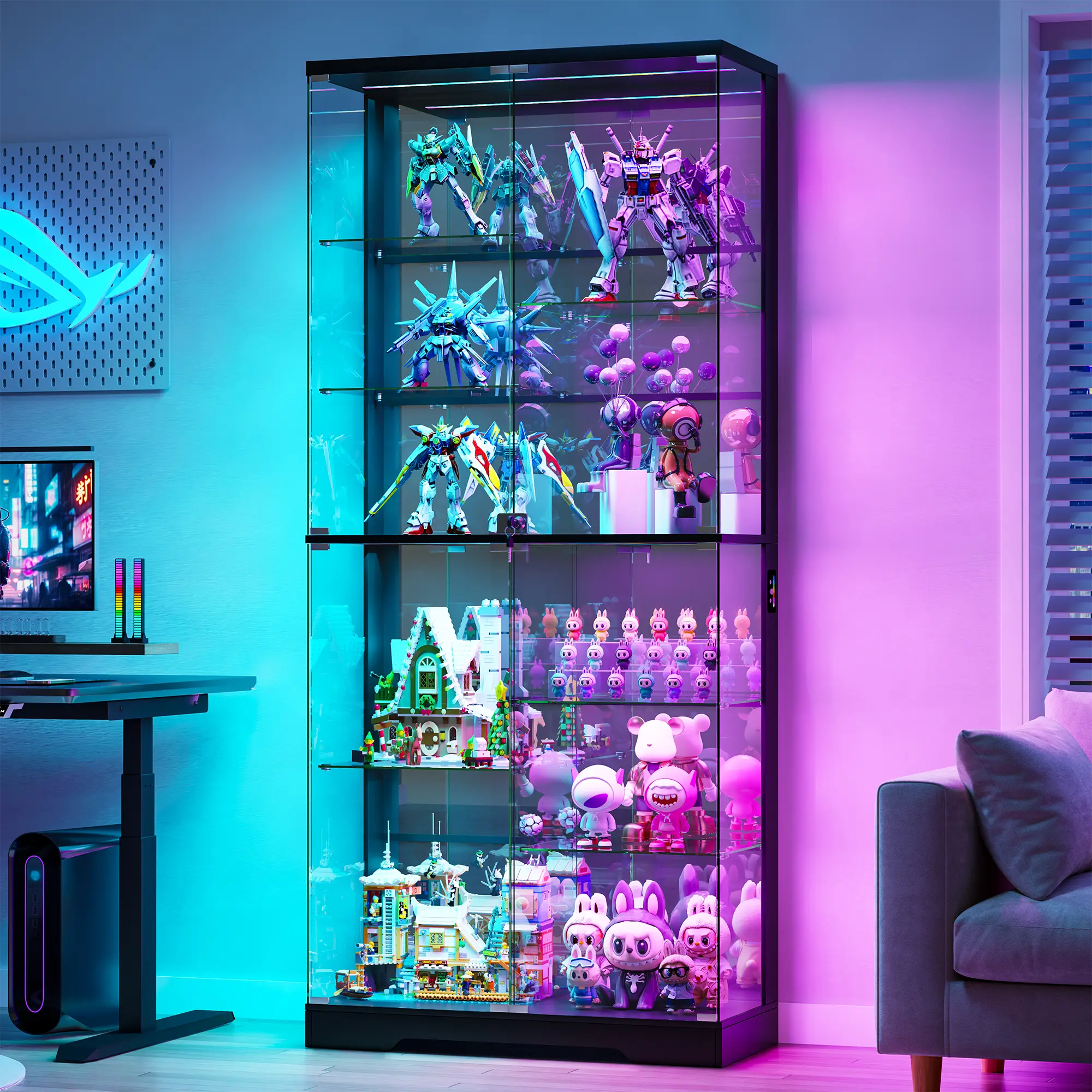 Lvifur 71” Display Cabinet with Glass Doors - Modern Curio Cabinet with RGB Lights for Collectibles, Large Tall Display Case with 10-Tier Shelf for Figures, Living Room Storage Cabinet