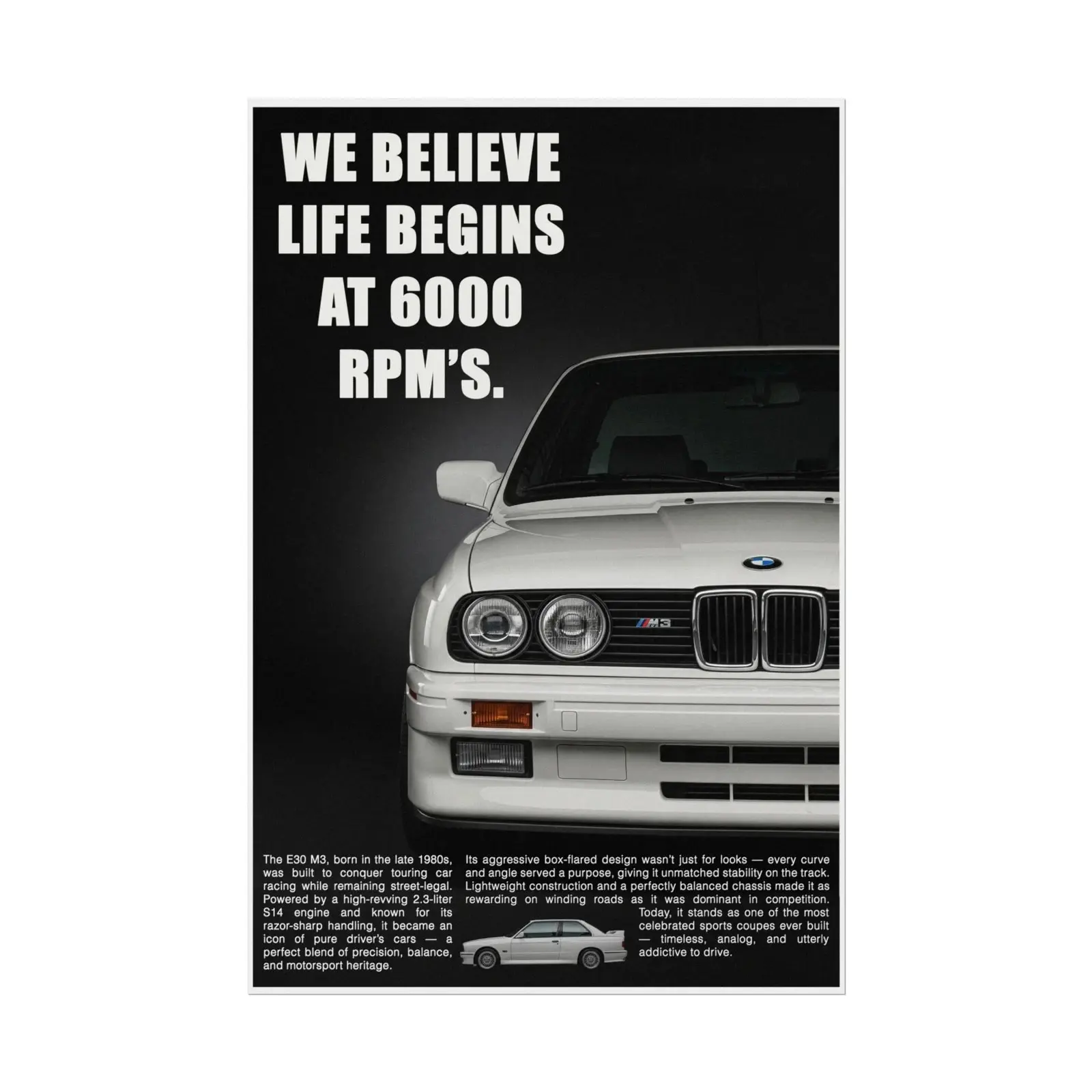 BMW M3 E30 Vintage 6000 RPM Wall Art Poster