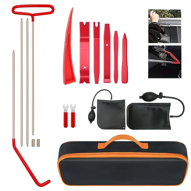 17-Piece Universal Portable Stainless Steel Automotive Repair Tool Kit for Cars & Trucks, Car Accessories - 5 Wheel-Nail Pullers, 68-in Puller, J-Shaped Hooks, Chain Remover, Brake Tool