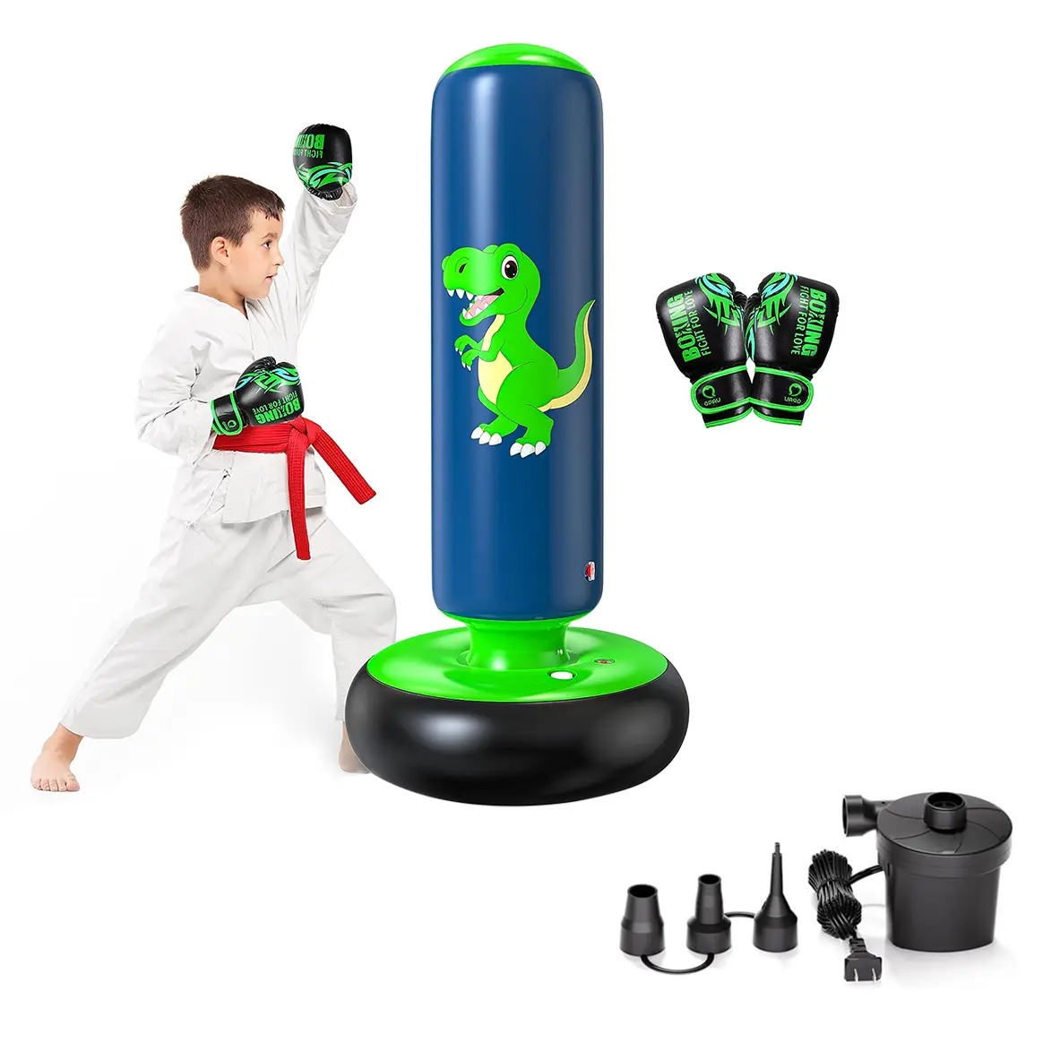 QPAU Dinosaur Inflatable Punching Bag & Electric Air Pump Kids Sports Combo – 48 Inch for Ages 3-6 + 4000mAh Type-C Rechargeable, Durable Safe Design with Water - Filled Base, Perfect for Backyard Energy Release & Karate Practice summerwins