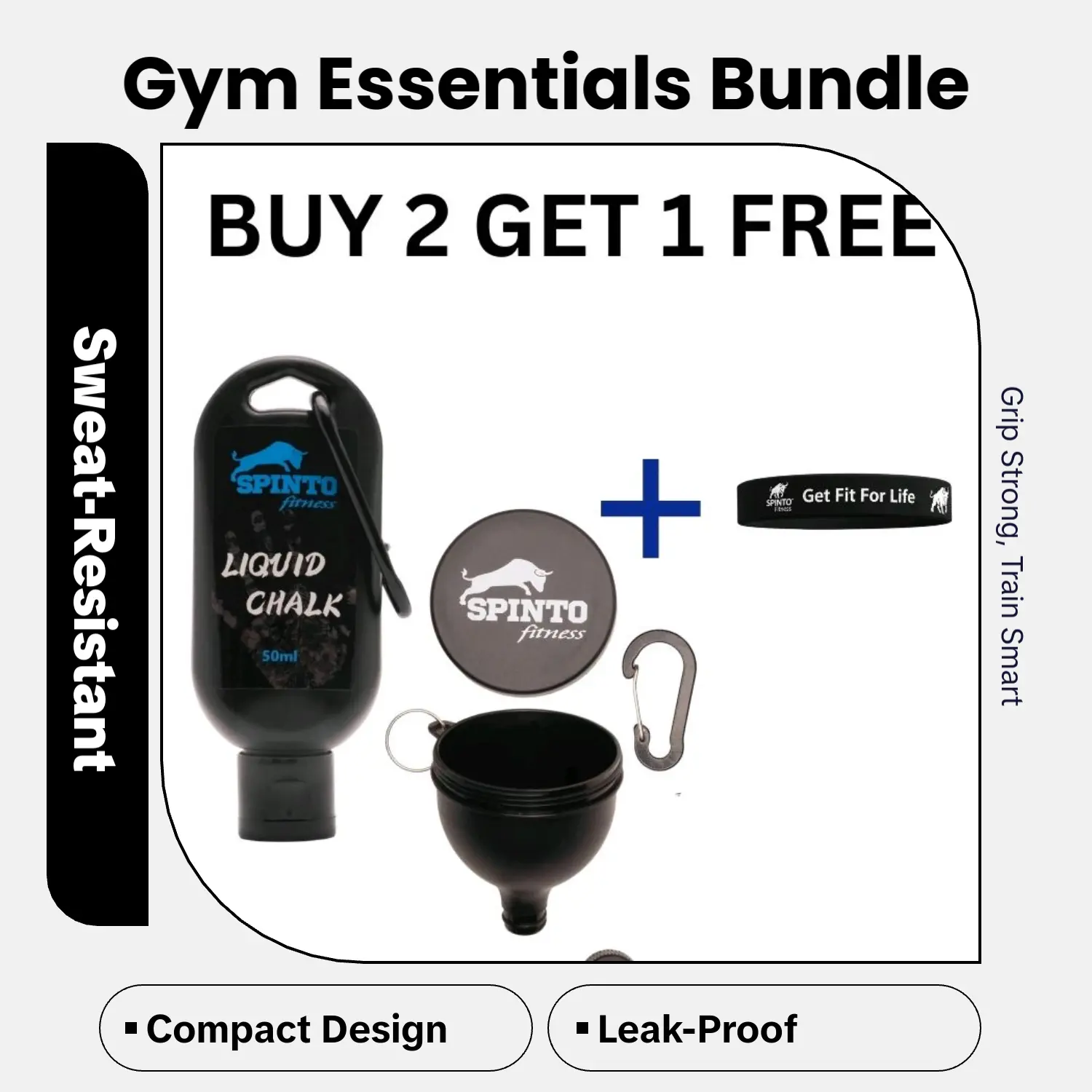 SPINTO FITNESS Gym Essentials Kit: 50ml Sweat-Resistant Liquid Chalk for Grip Control, BPA-Free Protein Funnel & Resistance Band - Portable Workout Tools