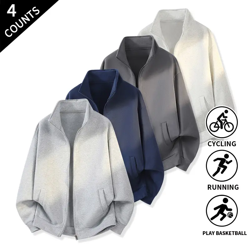Men’s 4-Pack Full-Zip Athletic Tops - Long-Sleeve Polyester Jackets with Pockets, Casual Outdoor Wear for Running, Gym