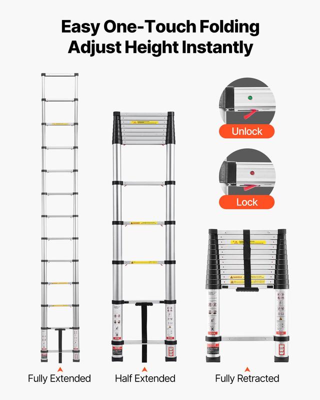 VEVOR Telescoping Ladder, TikTokShopBlackFriday, Mutil-buttonRetraction Collapsible Extension Ladder, 400 LBS Capacity with Non-slip Feet, Portable Multi-purpose Compact Ladder for Home, RV, Loft, ANSI Liste  FathersDayGift
