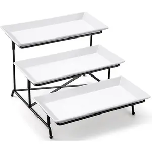 Yedio 3 Tier Serving Tray Set Porcelain Tiered Serving Trays Platters, Collapsible Sturdier Stand with Stable Cross Bars, for Party Entertaining Food Display Fruit Dessert, 12 Inch Yedio