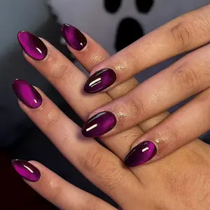 24pcs Y2K Short Oval Crystal Cat Eye Acrylic Nail Stickers, Acrylic Fake Nails, Long Almond Shape, Perfect Fit False Nails Set, Ideal for Women Girls