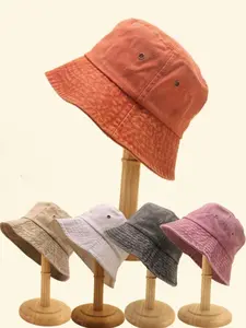 1pc Women's Solid Color Washed Bucket Hat, Foldable Distressed Fishing Cap, Unisex Outdoor Sun Protection, Suitable For Daily Wear