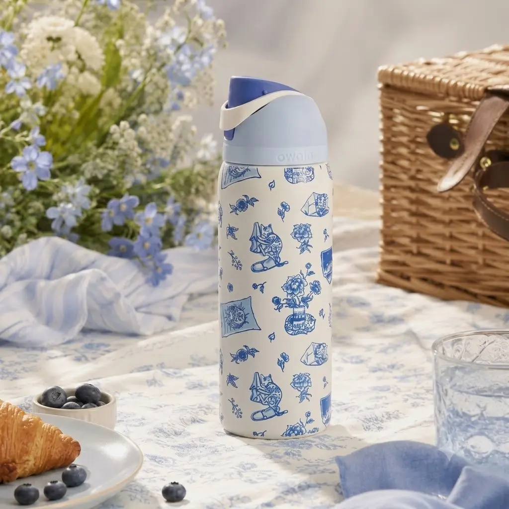 Owala Blue Floral Cat 32 oz FreeSip Water Bottle – Chinoiserie Kitty Insulated Stainless Steel Straw Lid Tumbler for School, Travel & Everyday Hydration