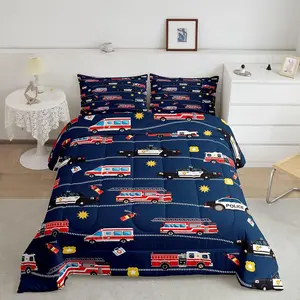 Fire Truck Car Bedding Set,Firefighter Comforter Set,Police Car Comforter,Lightweight Ambulance Duvet Set,Firemen Car Full Size with 2 Pillow Case
