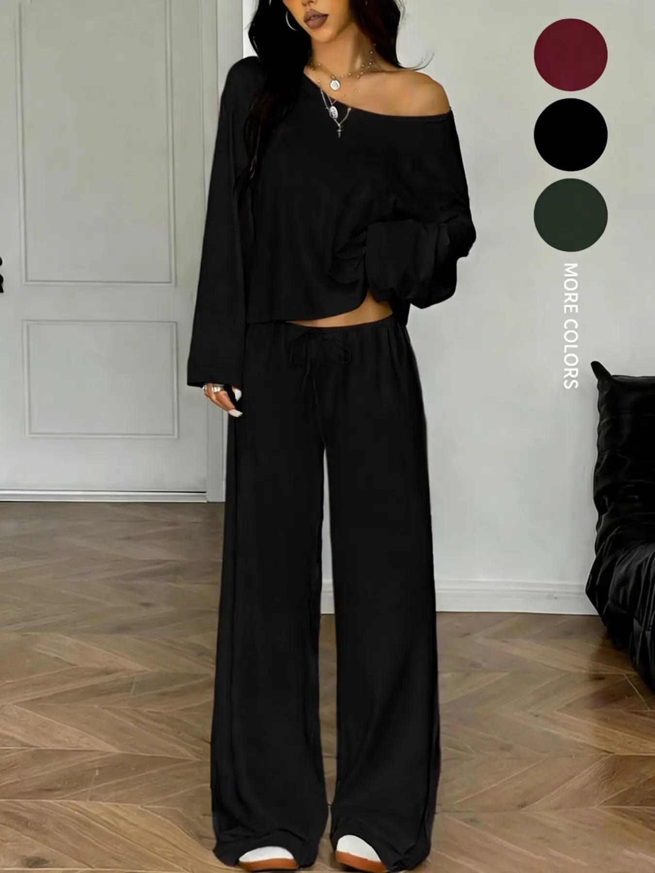 Women's 2-Piece Sleepwear Set, Pajama Set, Pjs, Solid Color Loose-Fit Long Sleeve Thermal Top and Pants, Loungewear, off the Shoulder Long Sleeve Top, Drawstring Wide Leg Pants, Casual Fitted Sweatsuit, All Seasons, Adjustable