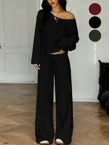 Women's 2-Piece Sleepwear Set, Elegant Solid Color Loose-Fit Long Sleeve Thermal Top and Pants, Women's 2 Piece Matching Loungewear Set, off the Shoulder Long Sleeve Top, Drawstring Wide Leg Pants, Casual Fitted Sweatsuit, Pajama Set, All Seasons,