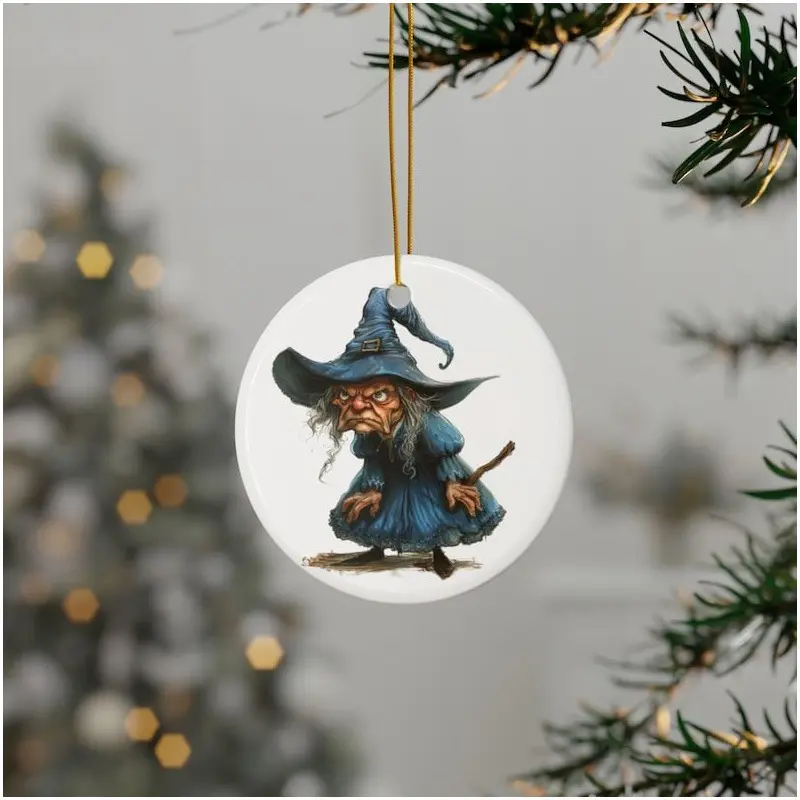 Grumpy Witch Ceramic Ornament for Halloween and Christmas Tree Decoration - Whimsigoth Gothic Home Decor