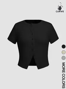 【Plus Size】 Solid Color Button Tee, Casual Short Sleeve Round Neck T-shirt for Daily Wear, Women Plus Clothing for Summer, Casual Fashionable Top, Top