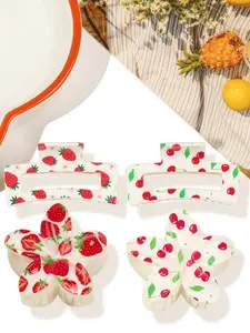 4pcs Women Hair Claw Clips, Strawberry Cherry Square Flower Design, Multi-Style Casual Daily Use, Strong Hold & Stylish Look