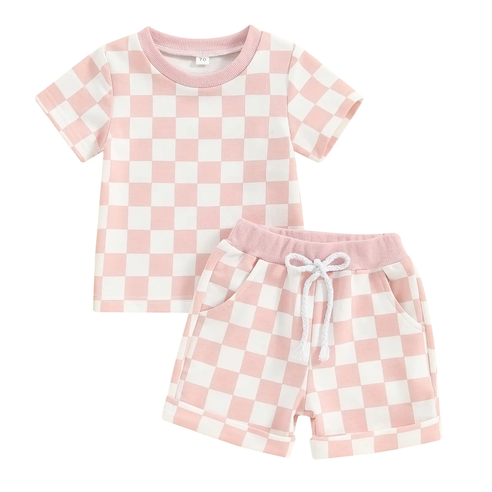 Toddler Boys Girls Checkerboard Outfit Plaid Short Sleeve T-Shirts Tops Elastic Waist Shorts 2Pcs Summer Clothes Set