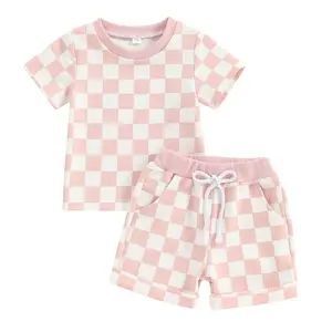 Toddler Boys Girls Checkerboard Outfit Plaid Short Sleeve T-Shirts Tops Elastic Waist Shorts 2Pcs Summer Clothes Set