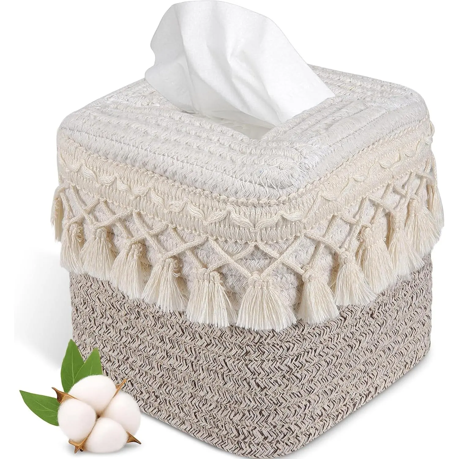 Square Boho Tissue Box Cover: Hand-Woven Tassel Holder for Bathroom, Table & Kitchen - Open-Bottom Design Decorative Cover for , Office &  Decor