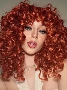 Ginger Curly Wig for Women 18 Inch Long Curly Afro Wig With Bangs Big Bouncy Fluffy Synthetic Hair Glueless Wig for Daily and Cosplay Use.
