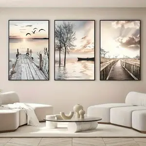 Set of 3 High-Quality Bridge Tree Landscape Paintings, Modern Cool Design, Nordic Style Hanging Wall Art for Living Room & Bedroom Decor, No Frame Required