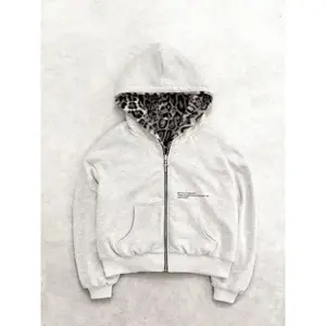 Harajuku Retro Leopard Print Two-sided Hoodie for Men & Women Loose Zipper Sweatshirt Autumn Winter Fleece Long Sleeve Fitted Medium Length Street Hip-hop Casual Top