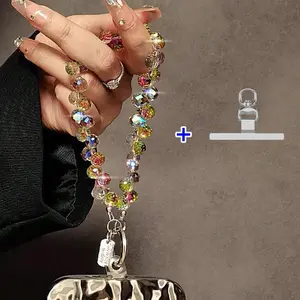 2-Piece Set Crystal Beaded Phone Chain, 360-Degree Rotating Stainless Steel Ultra-Thin Strap, Wristband, Bag Charm, Keychain Accessory, Phone Strap Holder, Phone Lanyard