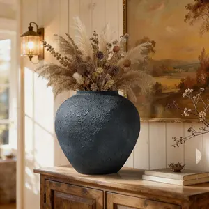 Metal Table Vase with Handle Wide-mouth Vase Handmade Powder-coated Matte Black Finish Modern Vintage Design for Floral Arrangements House decor  Room decorations  Flower vase