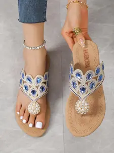 Fashion Blue Rhinestone Decorated Toe Thong Boho Style Sandal, Bohemian Trending Sandals, Casual Versatile Flat Sandals for Summer, Lightweight Breathable Comfortable Shoes for Daily Wear, Beaded Sandals, Casual Trendy Sandals, Women Footwear
